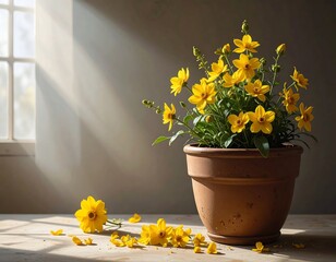Sunlit yellow flowers in terracotta pot