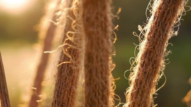 Close Up of Jute Stems Bending Gently in the Breeze at Sunset with a Golden Backlight and  Green Foliage Background in a Pastoral Setting for Agricultural Promotional Use