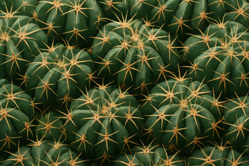 Horizontal close-up of starburst cactus ridges with golden spines radiating across plump green segments cactus concept