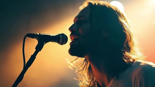 Rock vocalist with microphone, dramatic silhouette on stage with light and steam. Powerful concert atmosphere for music, events, and promotion.