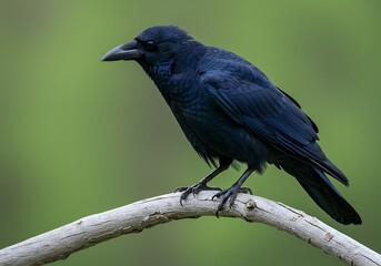 Close-up of Glossy Black Crow Perched on Tree Branch. Generative Ai