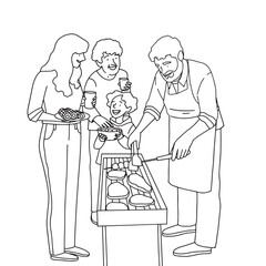 Family cooking together line vector minimalistic art. Vector illustration