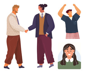Two men shaking hands in business attire, one man celebrating with raised arms, and a smiling woman. Ideal for teamwork, agreement, diversity, collaboration, success, partnership simple flat