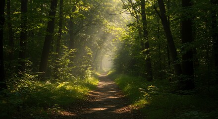 Fototapeta premium Sunlit forest trail with tall trees and atmospheric light creating a path