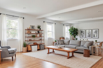 Modern living room featuring wooden coffee table, gray sofa, indoor plants, bookshelf, framed wall art, large windows with curtains, bright and spacious interior design