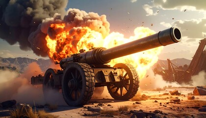 A powerful cannon fires, engulfed in flames and smoke, against a barren backdrop of mountains and wreckage. Explosions erupt