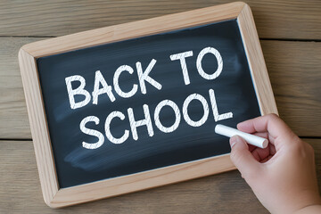 Back to school message written on chalkboard with hand holding chalk, ready for educational promotion