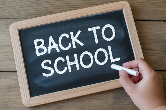 Back to school message written on chalkboard with hand holding chalk, ready for educational promotion - Powered by Adobe