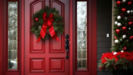 Red front door with Christmas wreath and festive decoration opening slowly. Traditional holiday scene, New Year celebration, cozy winter mood.
