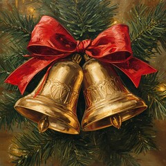 Golden Christmas Bells with Red Ribbon Among Pine Needles in Festive Close-Up Old Oil Painting Style