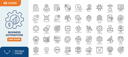 Fototapeta na wymiar Business automation line editable icon set. Containing process, optimization, robotic integration, business model, and more. Editable stroke, Vector illustration