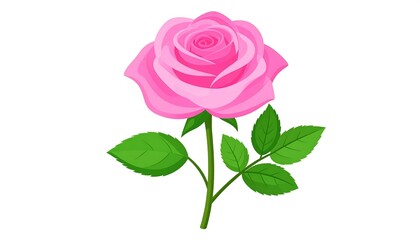 A vibrant cartoon illustration of a single pink rose in full bloom with a stem and green leaves against a white background