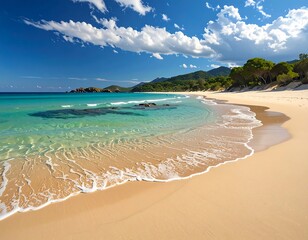 Sunny beach scene with crystal-clear water