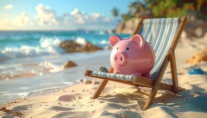 Pink piggy bank on beach chair