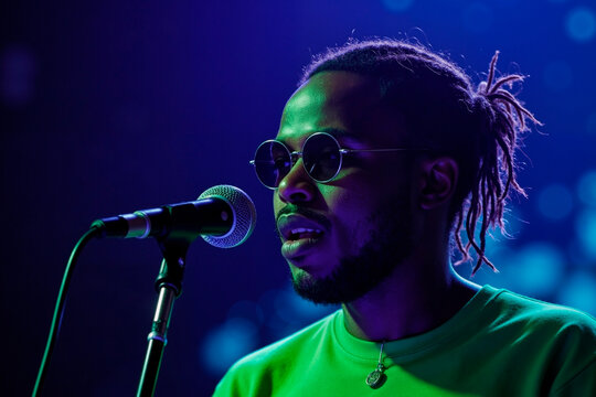 Portrait of young adult Black man wearing round glasses singing into microphone on stage, facial hair visible, dreadlocks tied back, performing under blue stage lights