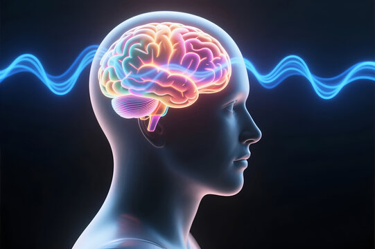 3D render of human head with vibrant glowing brain and blue energy waves, symbolizing thought, intelligence, technology, and neuroscience.