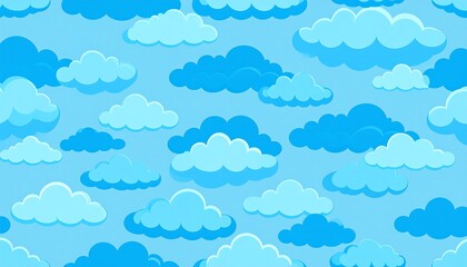 A vibrant cartoon illustration with a repeating pattern of puffy, fluffy white and blue clouds against a clear, light blue sky