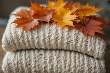 Cozy Stacked Beige Sweaters with Autumn Leaves, Warm Fall Season Concept