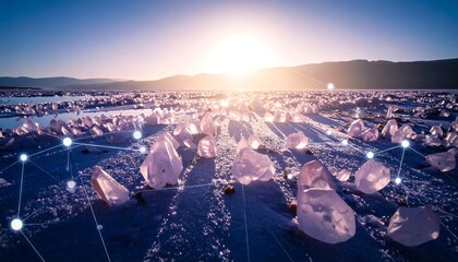 Futuristic Network of Connected Nodes and Data Flow at Sunset.