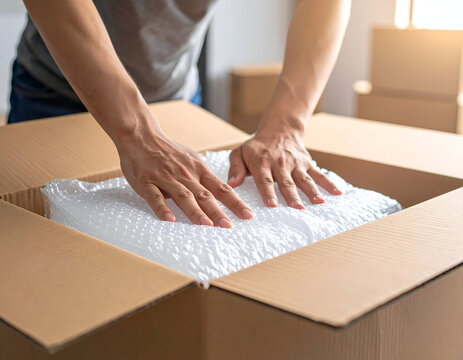 Hands carefully packing an item with bubble wrap into a cardboard box. Perfect for themes of moving, shipping, relocation, and secure packaging services.