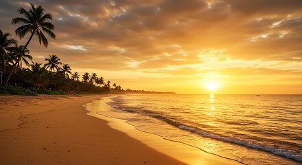 Golden sunset view over ocean and sandy beach with palm trees silhouettes