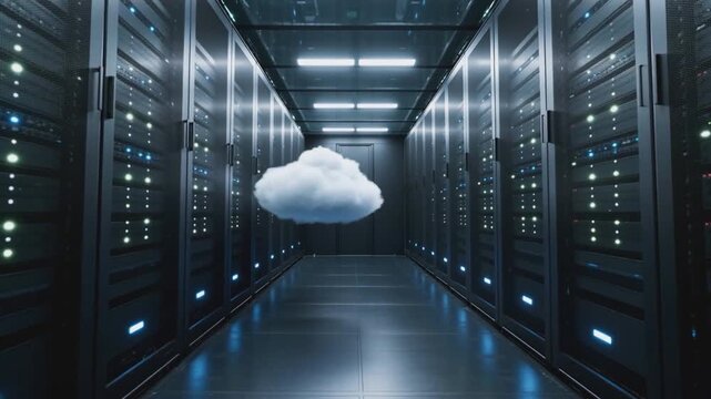 Cloud symbol floating in data center aisle between rows of server racks with LED lights in modern technological environment. Cloud computing and data storage concept. Design for banner, website, poste