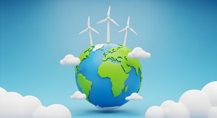 Earth globe with wind turbines and clouds against a blue sky promoting green energy solutions