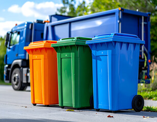 Brightly colored recycling bins (orange, green, blue) ready for pickup by a waste collection truck, symbolizing sustainable waste management.