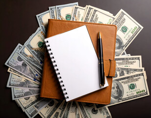 Hundreds of US dollar bills, an open blank notebook, and a pen on a dark surface, symbolizing financial planning, wealth management, and business strategy.