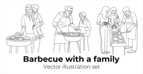 Family cooking together line vector minimalistic art. Vector illustration