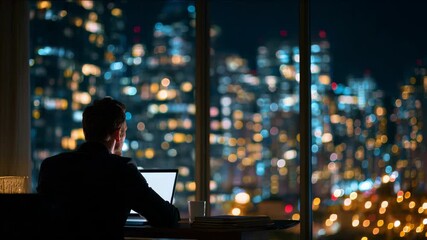 A businessman working late, overlooking a city at night - Powered by Adobe