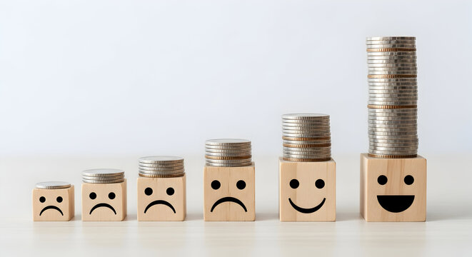Wooden blocks with smiley faces and increasing stacks of coins showing financial growth