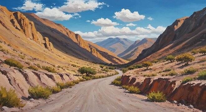 Scenic landscape view of a road winding through a mountain valley on a sunny day