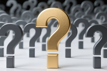 A prominent golden question mark stands out from a crowd of grey ones, symbolizing a key inquiry, important decision, or unique problem to solve.