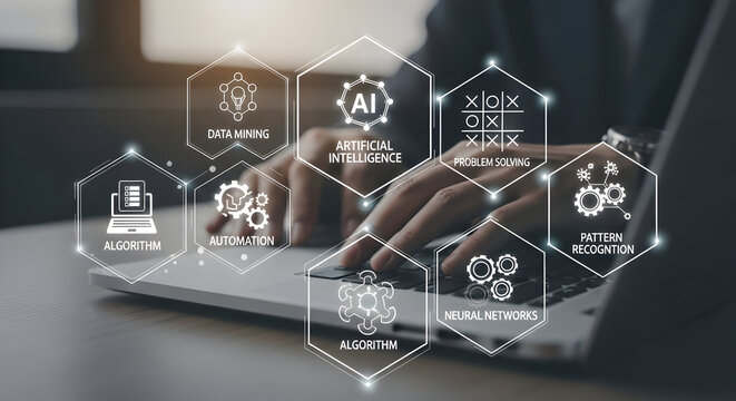 Person using laptop with artificial intelligence and data mining icons for modern technology concept