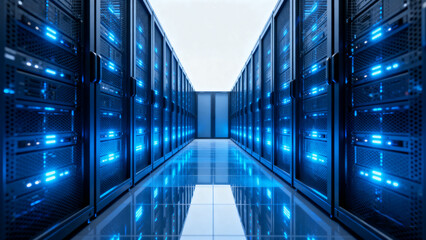 High-tech server room with glowing racks and organized cabling, showcasing precision, order, and modern data center infrastructure for cloud computing, digital storage, and network operations.