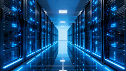 High-tech server room with glowing racks and organized cabling, showcasing precision, order, and modern data center infrastructure for cloud computing, digital storage, and network operations.