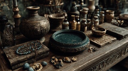 Fototapeta premium Antique Still Life Arrangement with Ornate Vases, Jars, and Decorative Elements
