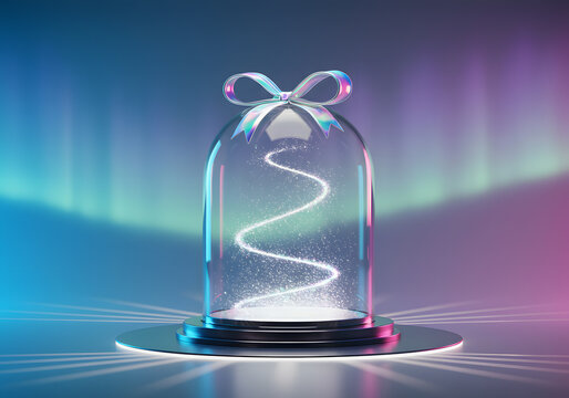 3D Render Magic Gift Cloche with Sparkle Trail and Aurora Background - Powered by Adobe