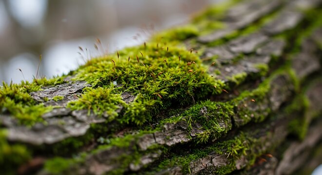 Close up of moss growing on tree bark texture with blurred background
