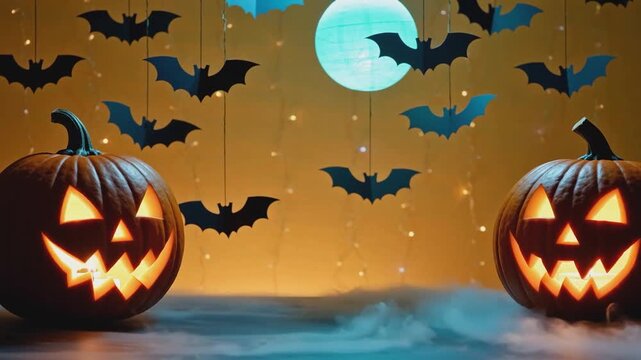 Glowing jack-o'-lanterns with hanging black bats, full moon and fog on illuminated background with fairy lights. Halloween celebration and spooky party decoration concept. Design for banner, poster, g