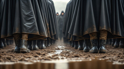 Troop formation shows strength and unity. Mysterious figures in dark cloaks stand solemnly in a muddy landscape.