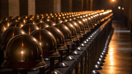 Troop formation shows strength and unity. Rows of vintage helmets illuminated in a dimly lit corridor.