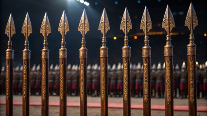 Troop formation shows strength and unity. Ornate spear tips in the foreground with a crowd of performers blurred in the background.