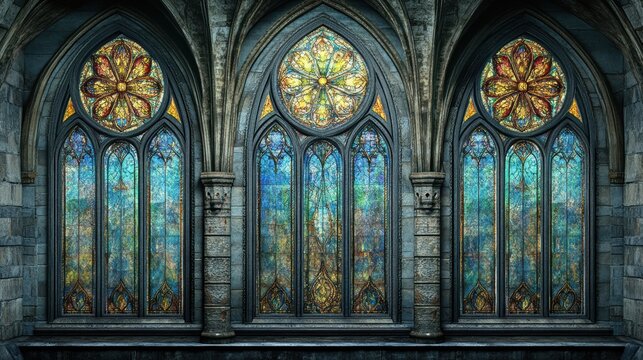 Exquisite Stained Glass Windows Featuring Colorful Floral Patterns in an Antique Gothic Architecture Style