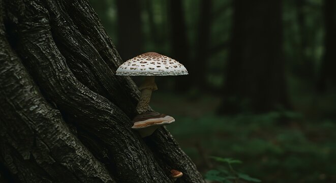 Parasol mushroom growing on a tree trunk in a forest setting