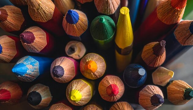 A close-up shot revealing the colorful tips of sharpened, wooden drawing instruments arranged together