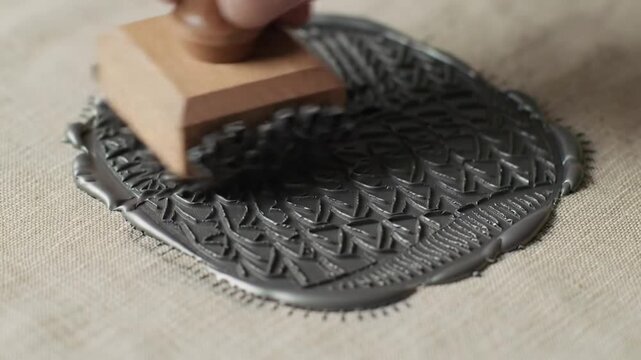 Close Up of Woodblock Printing on Beige Fabric with Silver Wax Block Pressed Firmly onto Cloth Showing Intricate Geometric Patterns Creating Embossed Texture on Natural Fiber Textiles