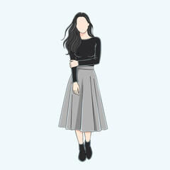 Stylish faceless woman with long black hair wearing a black top and grey midi skirt.