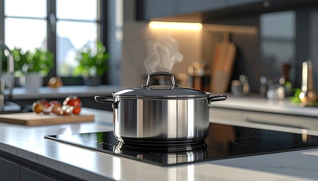 A shiny, stainless steel pot on a black cooktop, steam rising. Kitchen backdrop includes a window, countertop, and various cooking items
